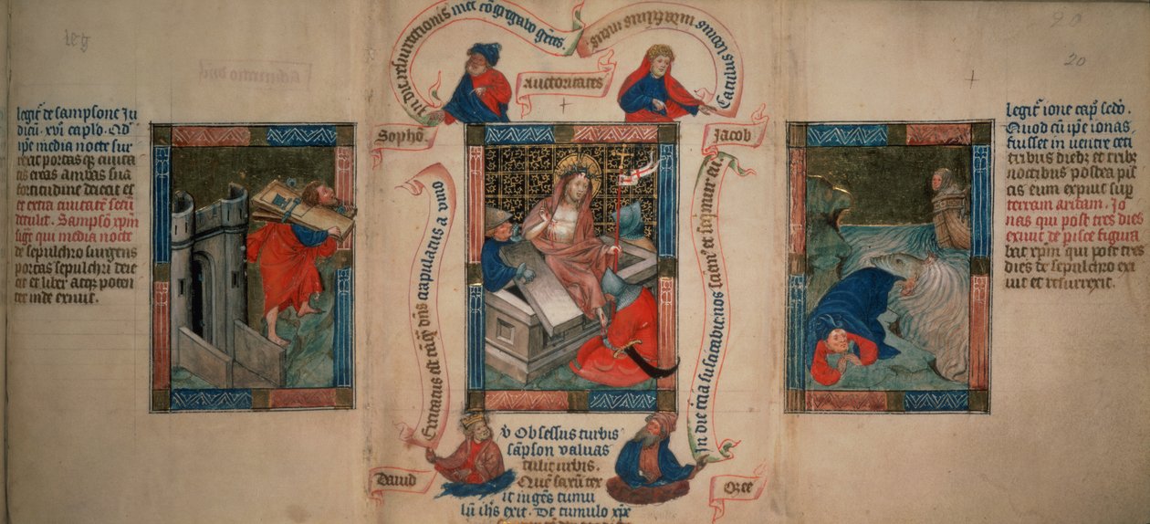 Kongebok 5 f.20 Oppstandelsen, Samson bryter ned Gazas porter, Jona rømmer fra hvalen, fra Biblia Pauperum, tidlig på 1400-tallet (vellum) av French School
