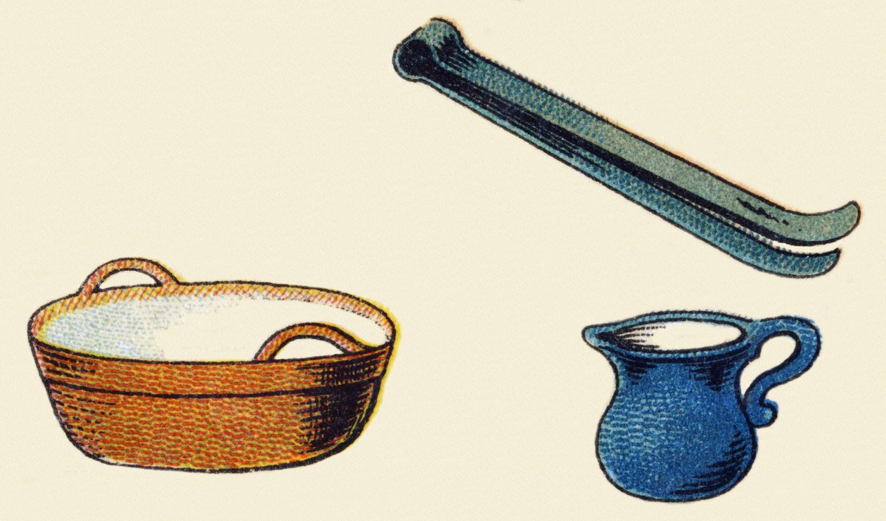 Kjøkkenredskap. Gravering i "ABC ubesirlig på lakkert lerret". A. Capendu, redaktør, Paris, slutten av 1800-tallet. Barnebokhandel illustrert. 8 sider. Mål: 21,5x18 cm. av French School