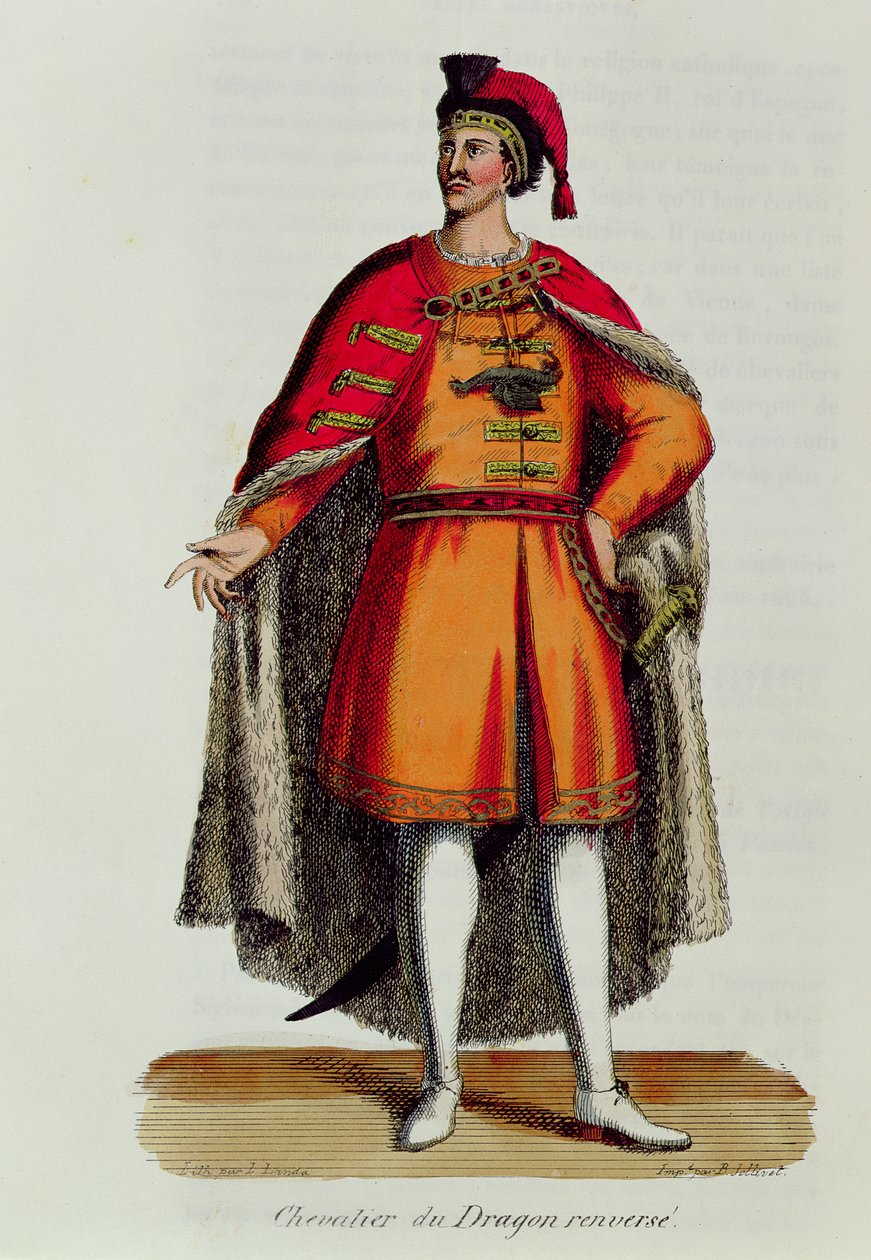 Ridder av den ungarske drageordenen veltet, illustrasjon fra Histoire et Costumes des Ordres Monastiques av Pierre Helyot (1660-1716), 1842 av French School