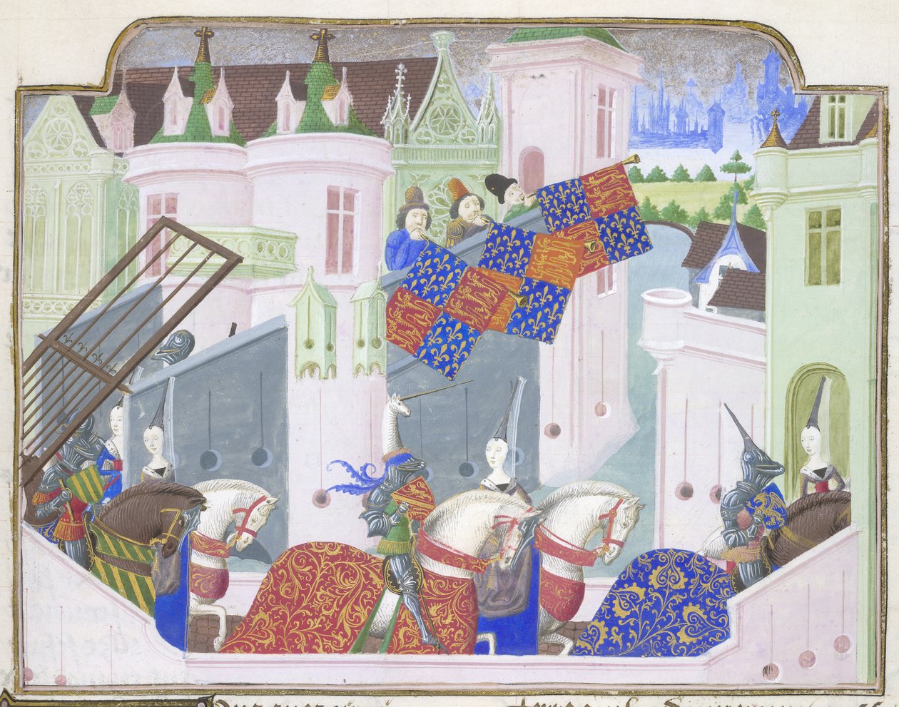 Riddere og damer rir ut til en turnering i London, fra Froissarts Chronicle, sent på 1400-tallet (vellum) av French School