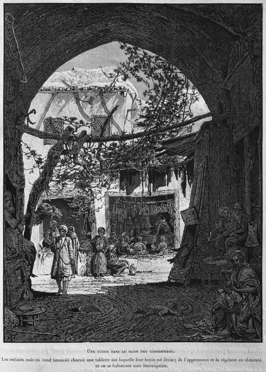 Koranskole i skomakernes baazar, fra La Terre Sainte av Victor Guerin, 1884 (bw-gravering) av French School