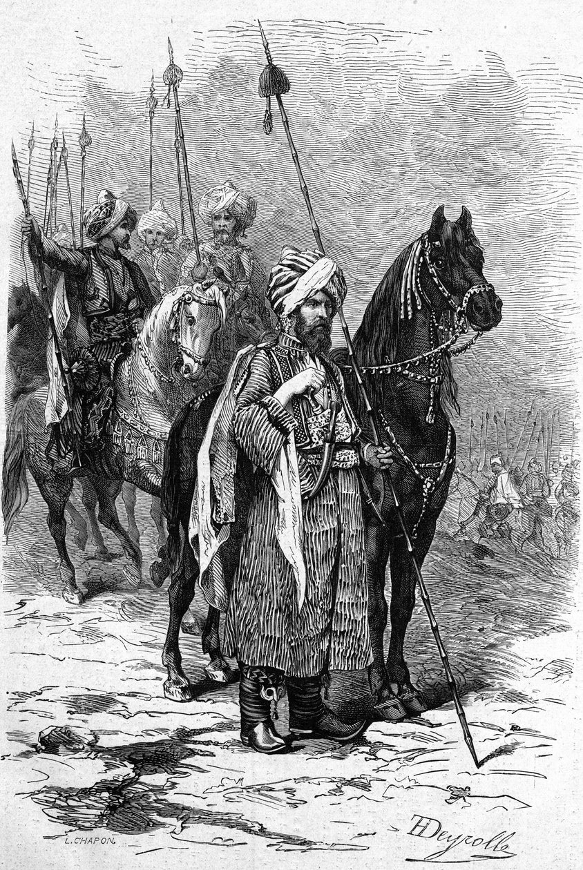 Kurdiske soldater i 1877 under Østkrigen (1875-1878) også kalt den tyrkiske Russo-krigen (russo-tyrkisk). Gravering i "" Le Monde Illustré"" nr. 1055 av 30. juni av French School