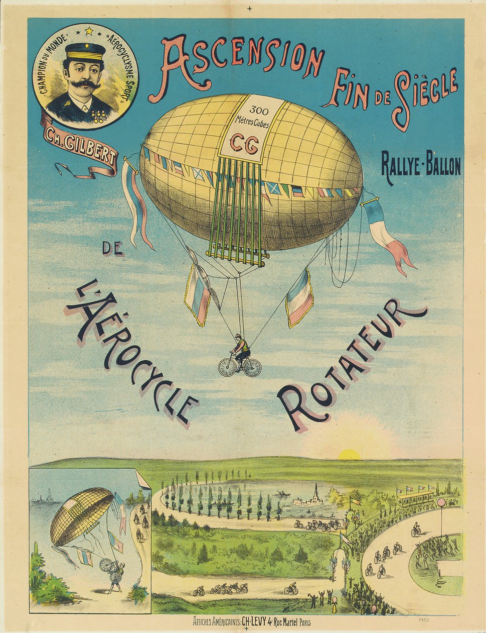 "L"Aerocycle Rotateur", reklameplakat for varmluftsballongsykkelen, ca. 1890 av French School