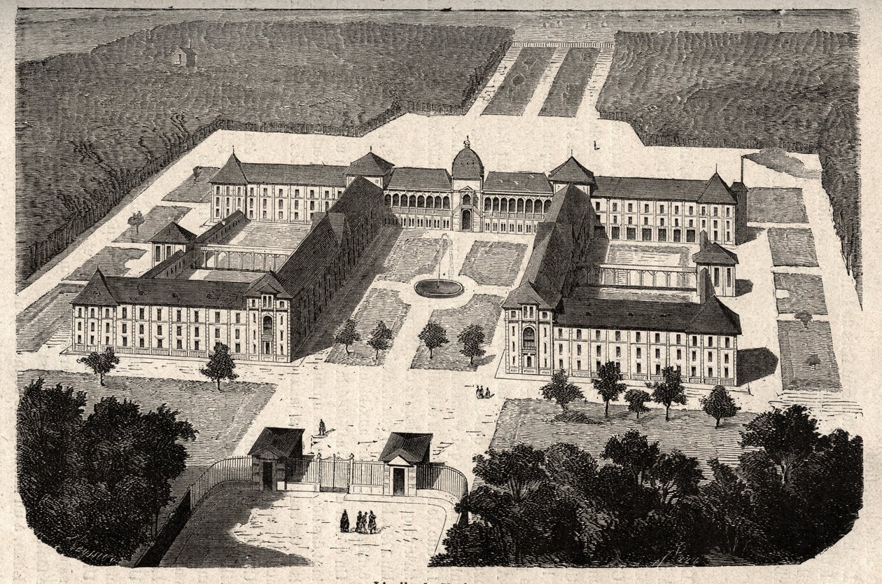 The Imperial Asylum of Vesinet (nåværende Hospital of Vesinet) i Yvelines - gravering i "" PATILE"" - PECTURERISK BESKRIVELSE AV FRANKRIKE I 6 BIND AV LUCIEN HUARD - slutten av 1800-tallet av French School