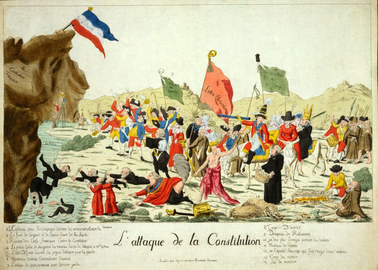 Angrep på grunnloven, pub. 1792 (håndfarget gravering) av French School