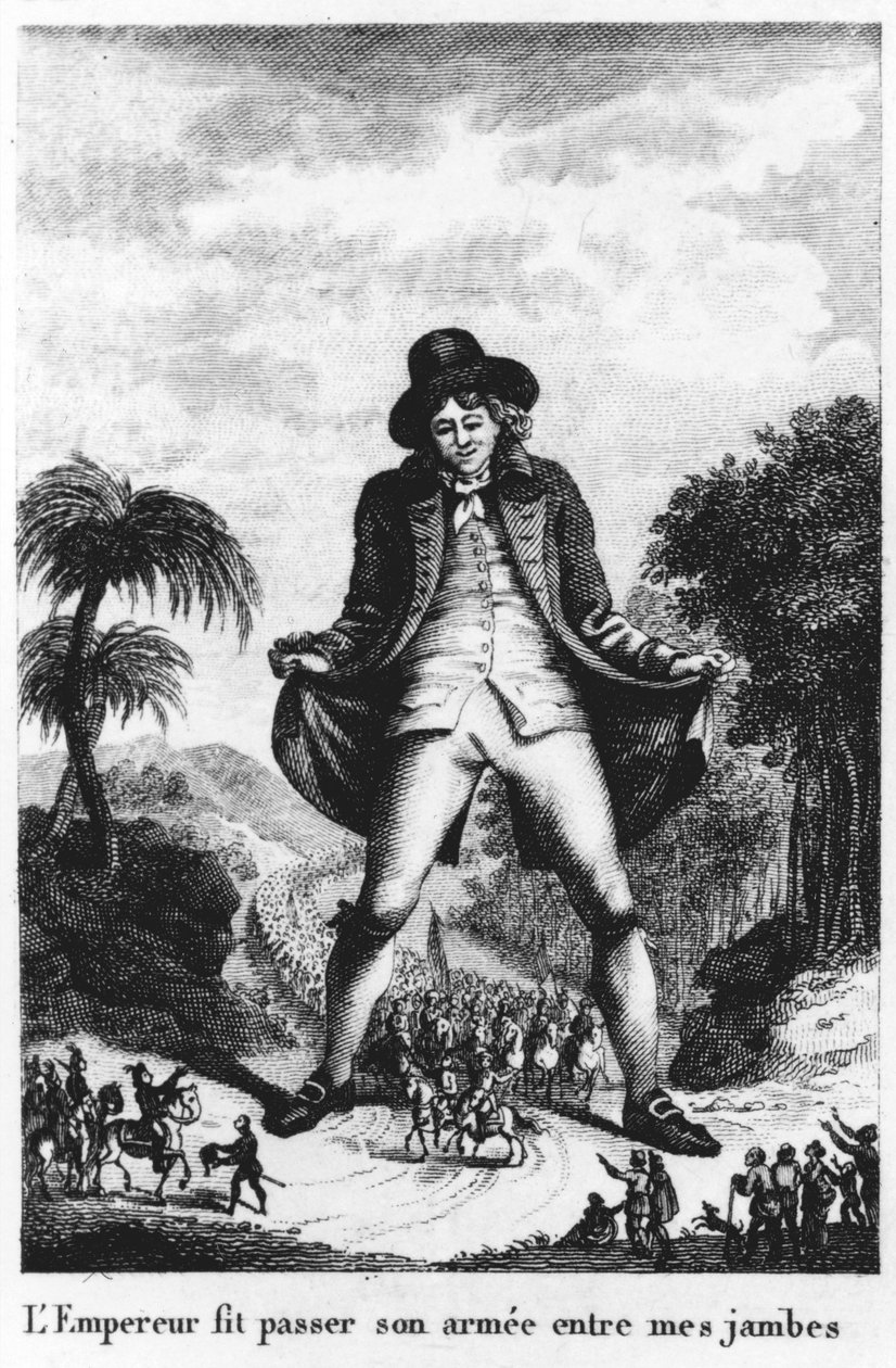 Keiseren førte hæren sin mellom bena mine, hentet fra en fransk oversettelse av Gullivers Travels av French School
