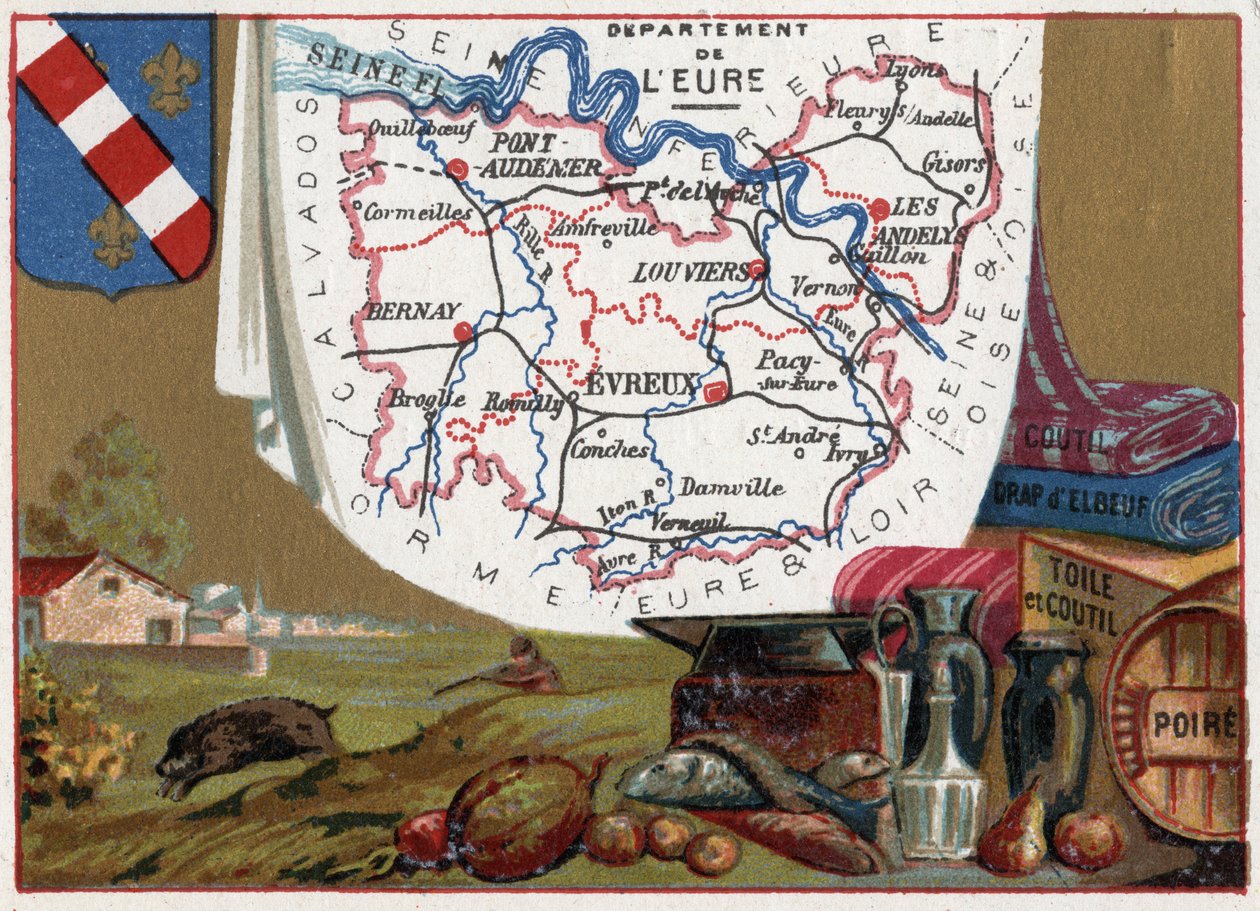L'Eure (27), Haute-Normandie (Haute Normandie), Frankrike. Serie om de franske avdelingene. Lokal spesialitet: coutilen, elbeuf-arket, Cutil-lerretet og pæren. Chromolithography (Chromo) "" den geografiske tråden"", ca 1920. Privat  av French School