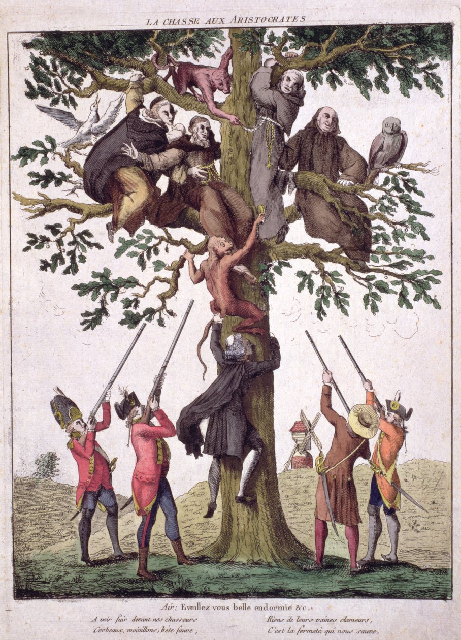 Jakten på aristokratene, anti-royalistisk karikatur, ca. 1792 av French School