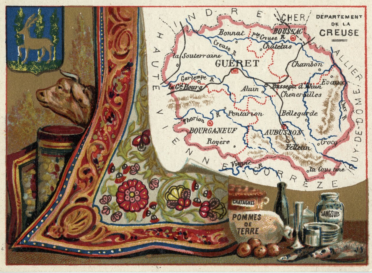 La Creuse (23), Le Limousin, Frankrike. Kastanjer, poteter og igler. Serie om de franske avdelingene. Chromolithography (Chromo) "" den geografiske tråden"", ca 1920. Privat samling. av French School