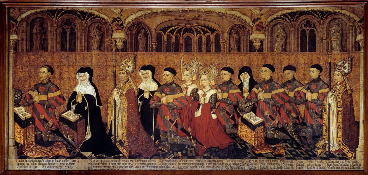 La Famille Jouvenel des Ursins Magistraten, prevot Jean Jouvenel des Ursins eller Jean Juvenal des Ursins (1360-1431), representerer sammen med sine familiemedlemmer i bønn. Maleri på tre fra den franske skolen. 1443-1449. Søn 1,3x3,5 m Paris, nasjonalmuse av French School