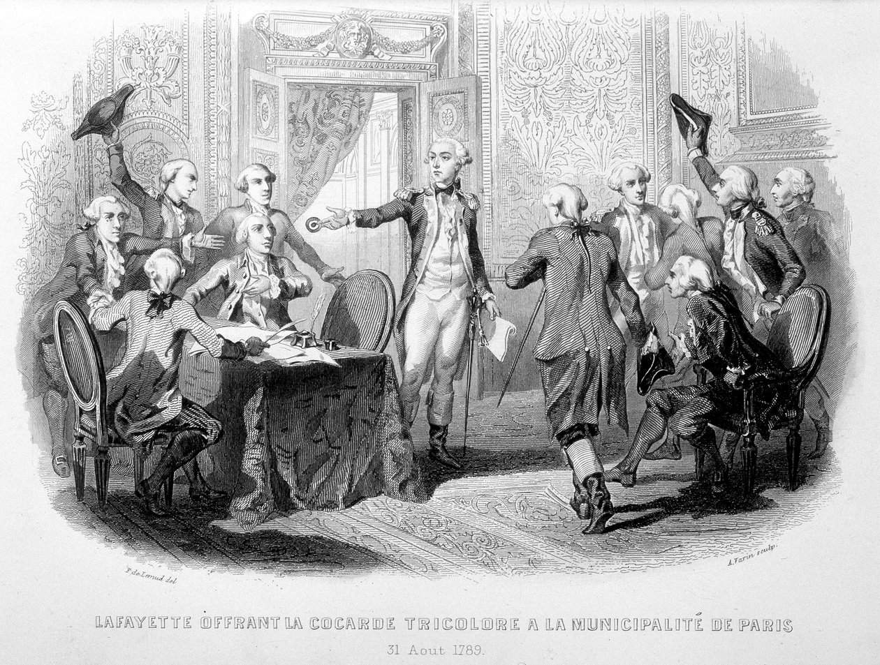 La Fayette (Lafayette) offering the Cocard Tricolore to the Municipality of Paris (31 August 1789) - in “Fastes de Gardes nationales de France”” av French School