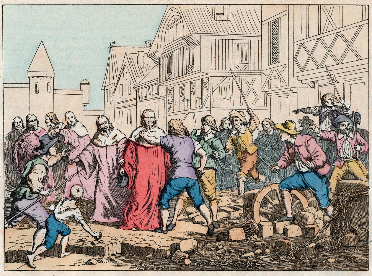 La Fronde (27. august 1648) - barrikader i Paris: en rotorgutt som truer parlamentets president Mathieu Mole (1584-1656) - President Mole håndtert av opprørere - Gravering av slutten av 1800-tallet i "" Nos Gires Nationales - Bilder og resi av French School