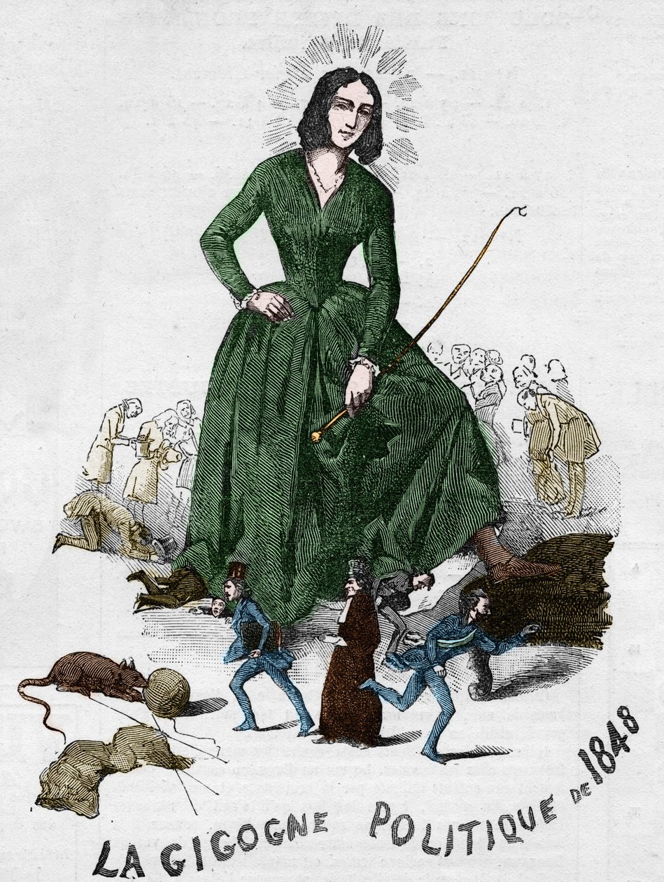 Den politiske Gigogne av 1848 (George Sand (Aurore Dupin, Baronne Dudevant) (1804-1876) fransk forfatter). Tegneserie laget i Bourges i 1848 fra den romantiske samlingen til Adolphe Jullien. av French School