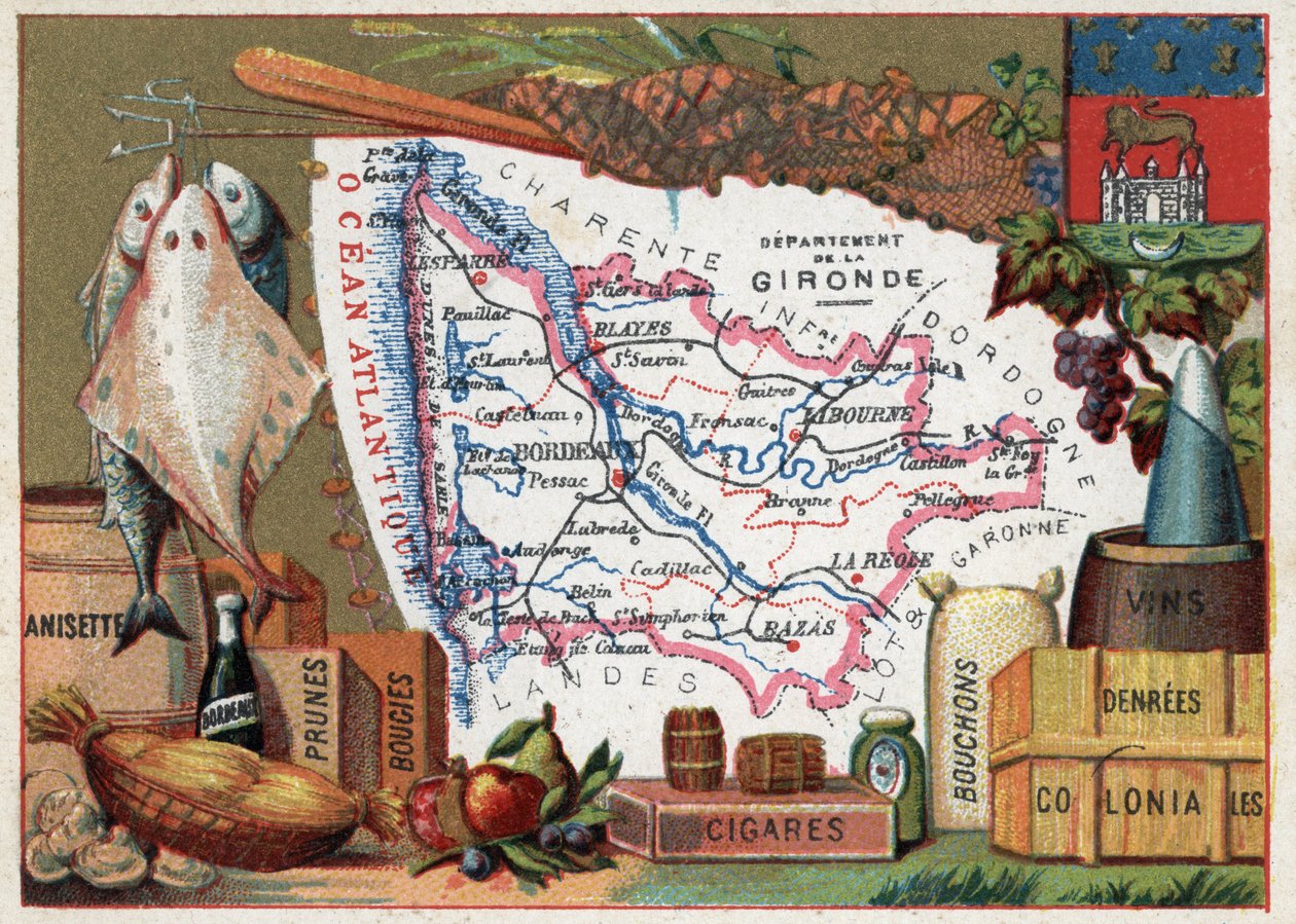 La Gironde (33), Aquitaine, Frankrike. Lokal spesialitet: fisk, anisett, Bordeaux-vin, plommer, stearinlys, sigarer, korker og kolonimat. Serie om de franske avdelingene. Chromolithography (Chromo) "" den geografiske tråden"", ca 1920. Privat samling. av French School