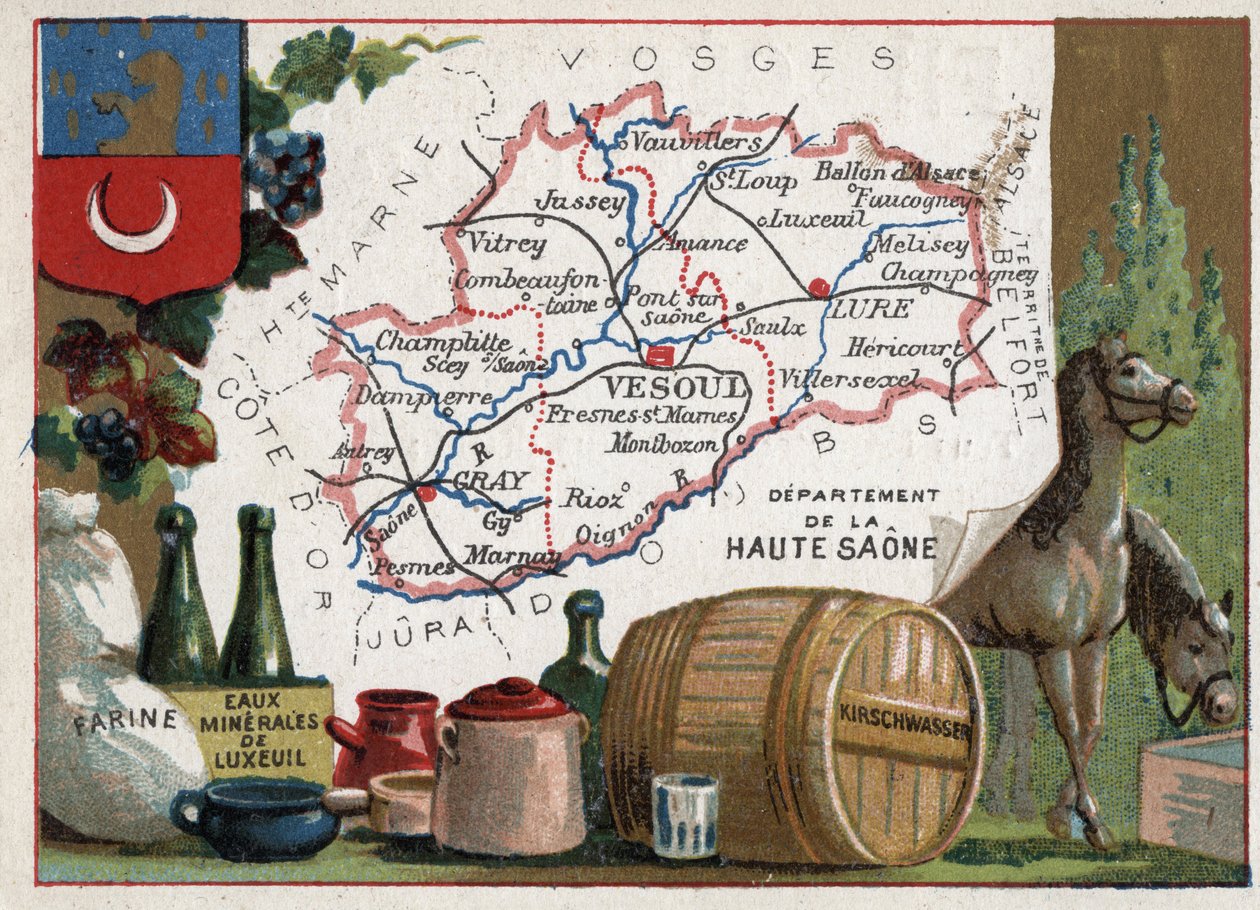 Haute-Saone (Haute Saone, 70), Franche Comte (Franche-Comte), Frankrike. Mel, Luxeuil Minerales, kirschwasser (kirsch). Serie om de franske avdelingene. Chromolithography (Chromo) "" den geografiske tråden"", ca 1920. Privat samling. av French School