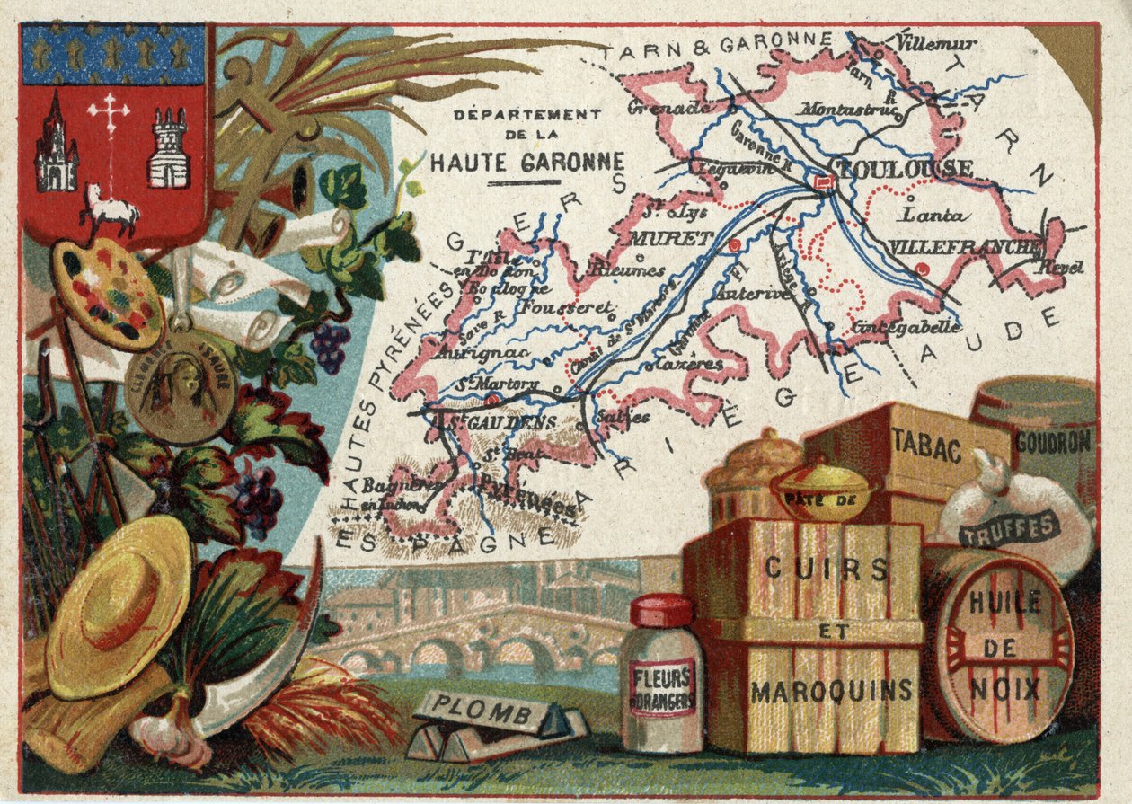 La Haute Garonne (Haute-Garonne, 31), Midi-Pyrénées (Midi Pyreneene), Frankrike. Lokal spesialitet: bly, appelsinblomster, pasta, lær og lærvarer, tobakk, valnøttolje, tjære og trøfler. Serie om de franske avdelingene. Kromolitografi (Chromo) “” t av French School