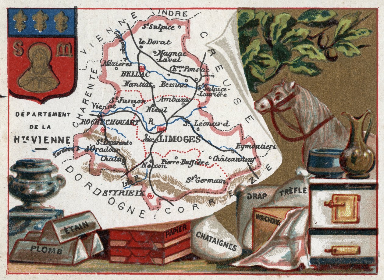 La Haute Vienne (Haute-Vienne, 87), Limousin, Frankrike. Tinn, bly, kastanjepapir, ark, kløver og lommetørklær. Serie om de franske avdelingene. Chromolithography (Chromo) "" den geografiske tråden"", ca 1920. Privat samling. av French School