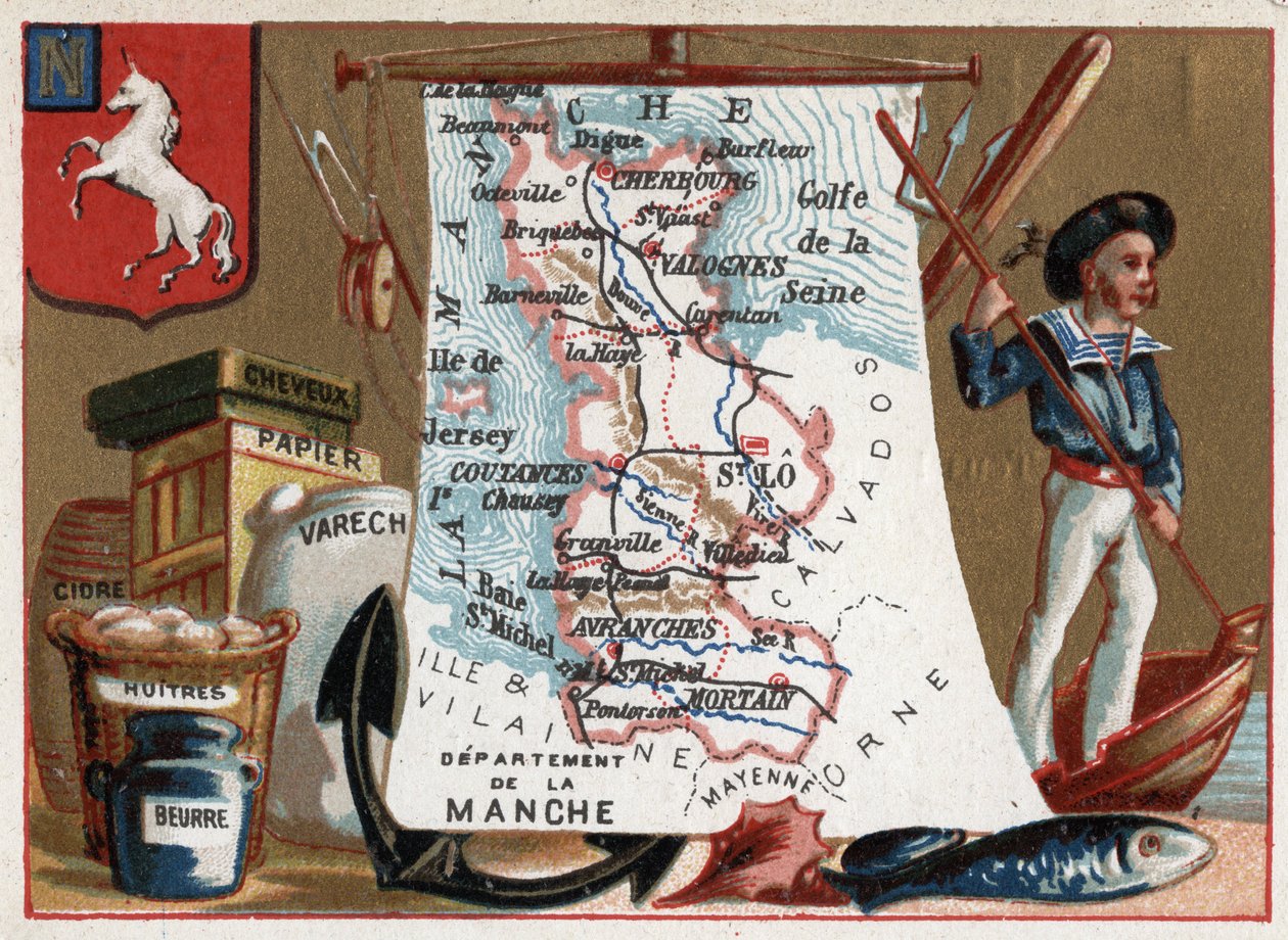 La Manche (50), Basse Normandy (Basse-Normandie), France. Local speciality: peach and oysters, cider and paper. Series on the French Departments. Chromolithography (Chromo) “” the geographic thread””, circa 1920. Private collection. av French School