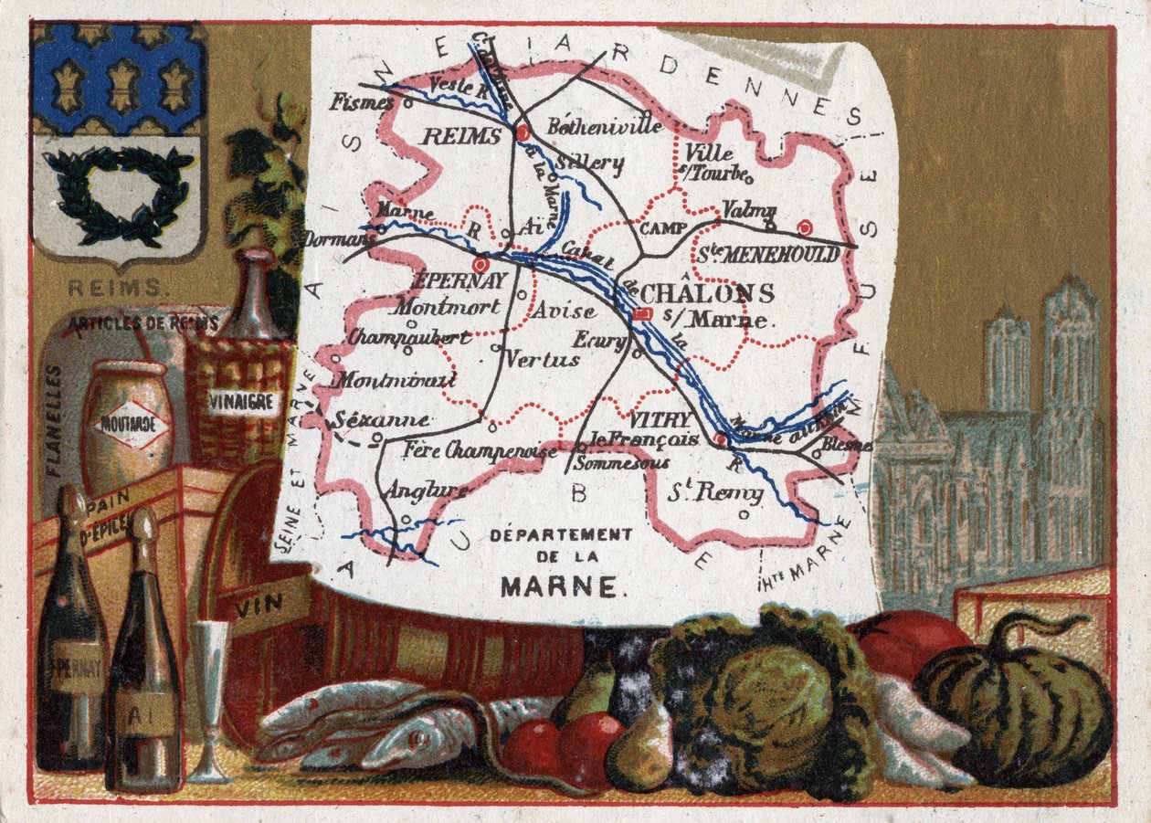 La Marne (51) i Champagne Ardenne (Champagne-Ardenne), Frankrike. Lokale spesialiteter: champagne og Cathedrale de Reims. Serie om de franske avdelingene. Chromolithography (Chromo) "" den geografiske tråden"", ca 1920. Privat samling. av French School
