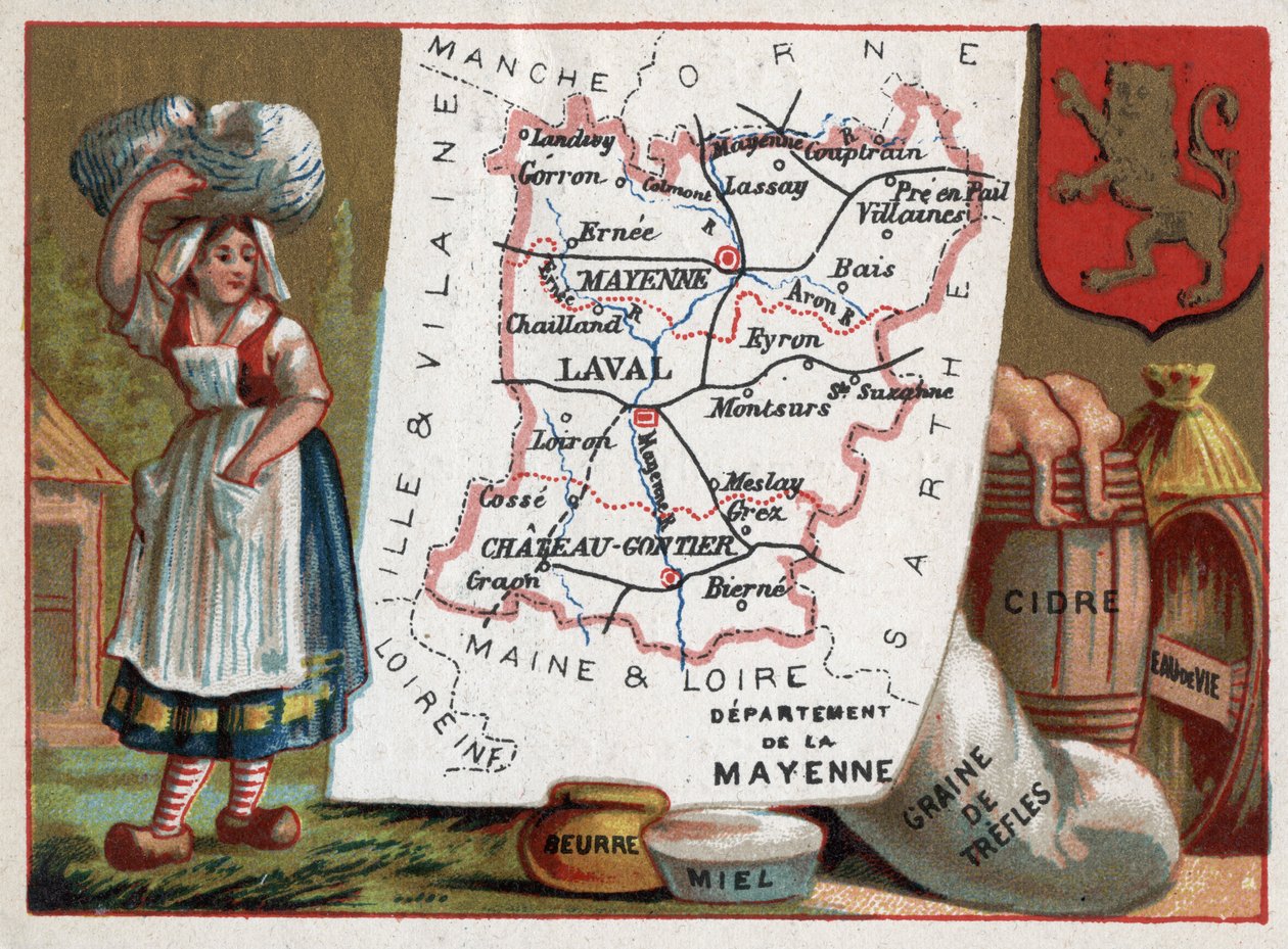 La Mayenne (53), Pays de la Loire, Frankrike. Bonde, smør, honning, trefflefrø, cider og konjakk. Serie om de franske avdelingene. Chromolithography (Chromo) "" den geografiske tråden"", ca 1920. Privat samling. av French School
