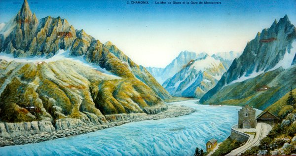 La Mer du Glace, Aiguille du Dru og Montanvers Station, ca. 1900 (farget bilde) av French School