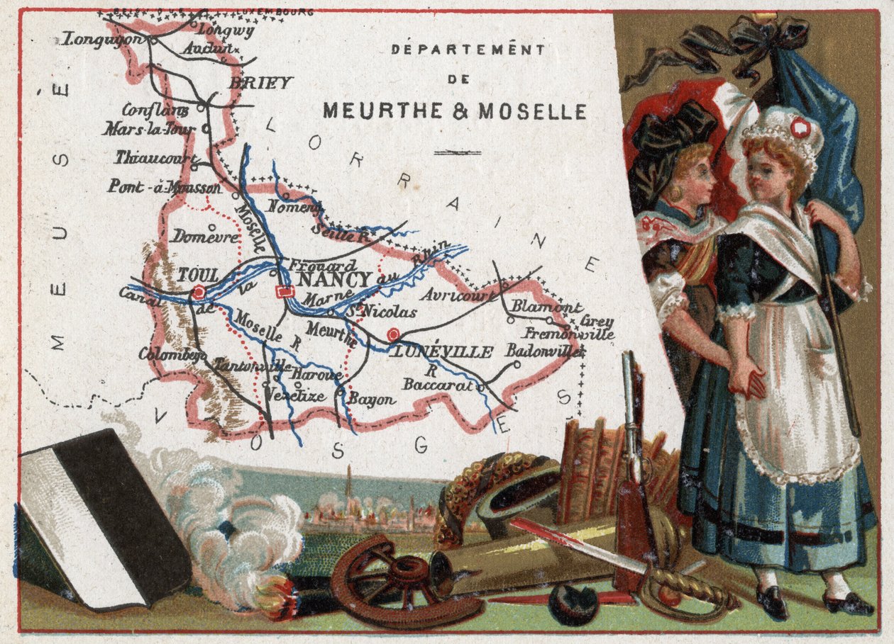 La Meurthe et Moselle (Meurthe-Et-Moselle, 54), Lorraine, Frankrike. Portrett av to revolusjonære kvinner. Serie om de franske avdelingene. Chromolithography (Chromo) "" den geografiske tråden"", ca 1920. Privat samling. av French School