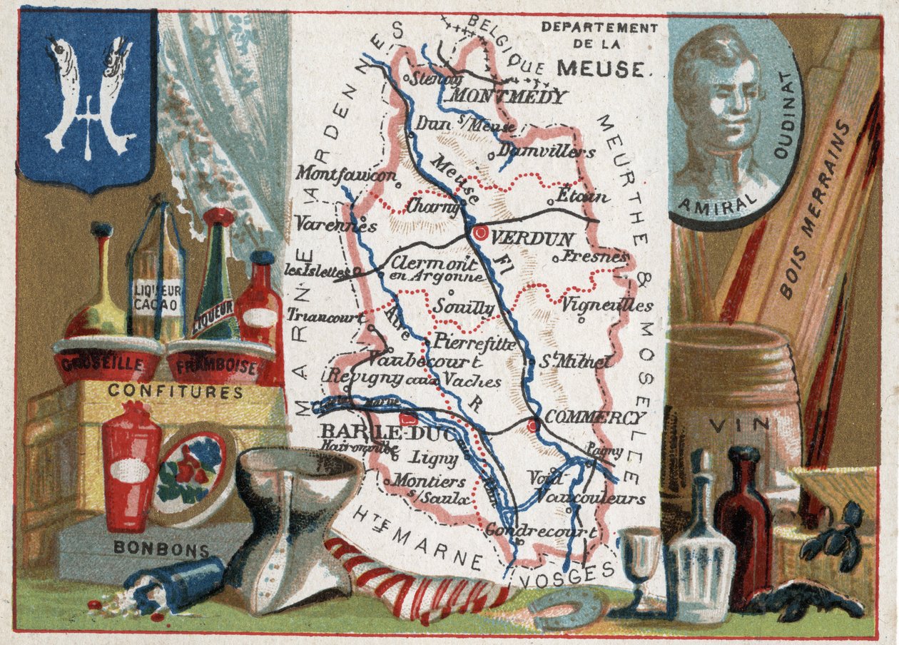 La Meuse (55), Lorraine, France. Portrait of Admiral Oudinat (rather Nicolas Charles Marie Oudinot, Duke of Reggio 1767-1847), Marechal of Empire. Local speciality: gooseberry and Frambois liqueur, sweets, wine and merrains woods. Series on the French Depa av French School