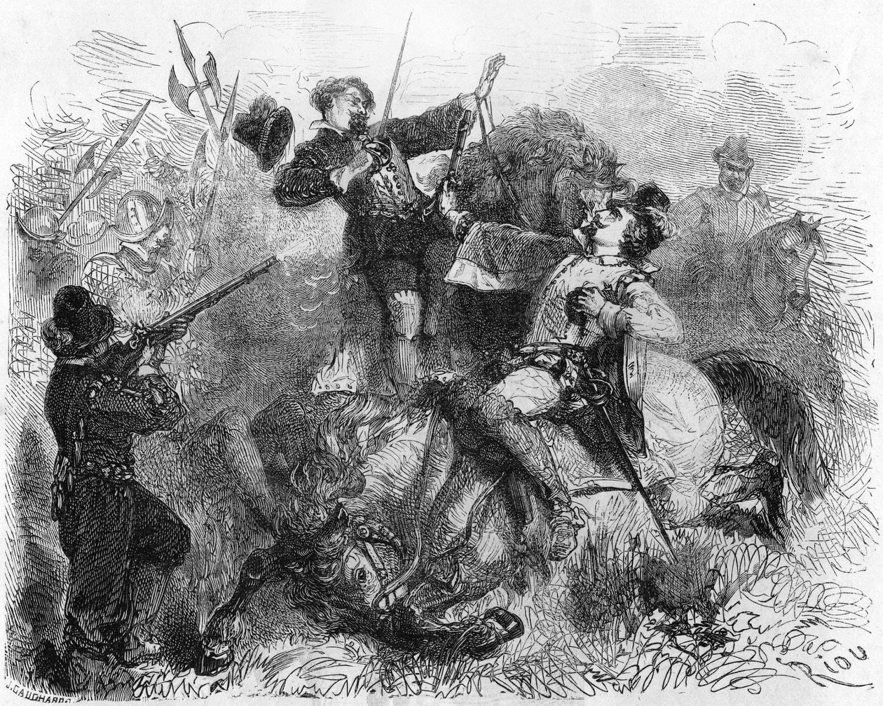 La Renaudie, en gentleman fra Limousin, som kjempet for religionsfrihet, ble drept 16. mars 1559 under et slag. I "" Histoire Populaire de la France"", sd. ca 1885. Gravering. av French School