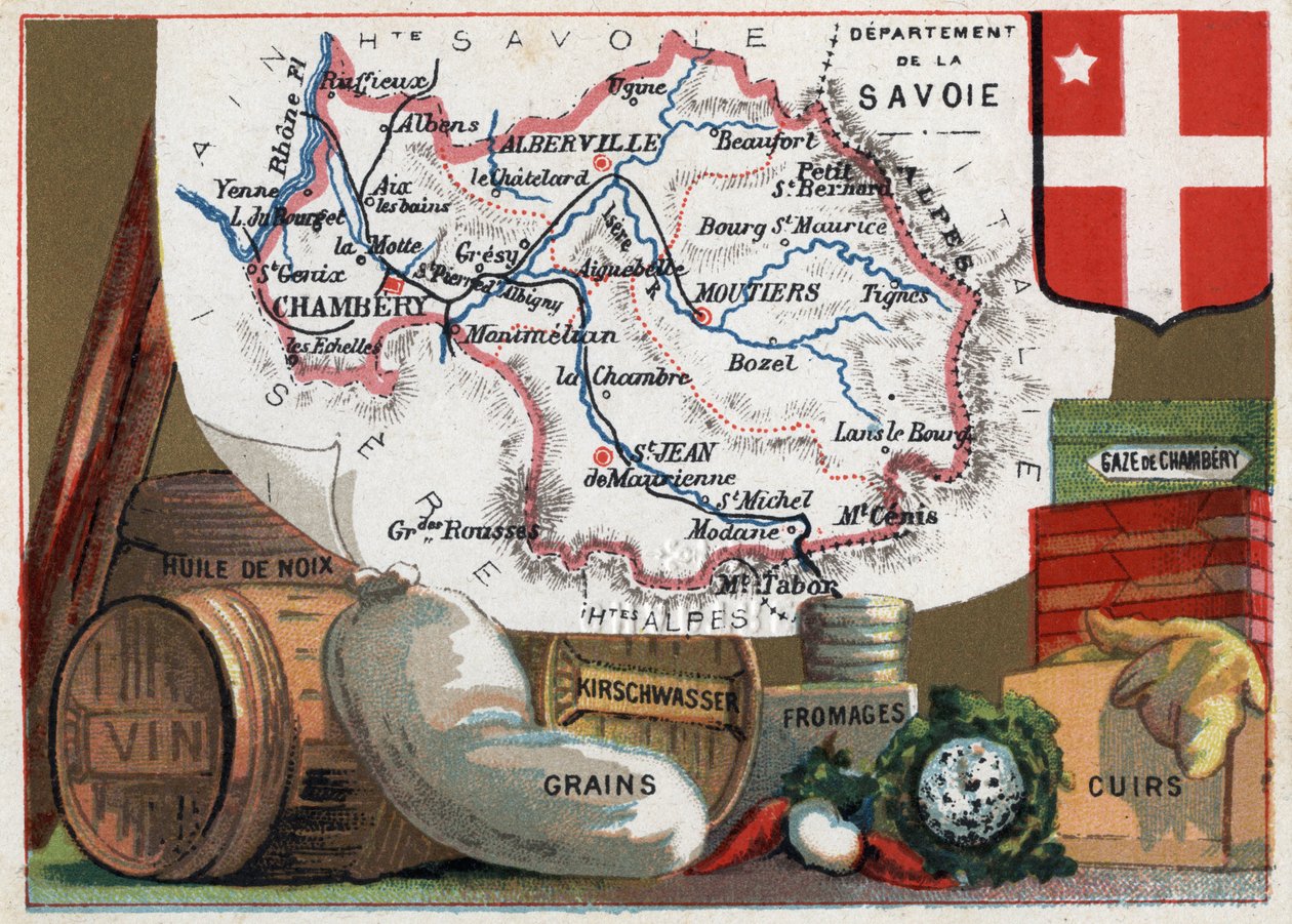 La Savoie (73), Rhône-Alpes (Rhône-Alpes), Frankrike. Serie om de franske avdelingene. Lokal spesialitet: valnøttolje, vin, korn, kirschwasser (kirsch), ost, kammergass og lær. Chromolithography (Chromo) "" den geografiske tråden"", ca 1920. P av French School