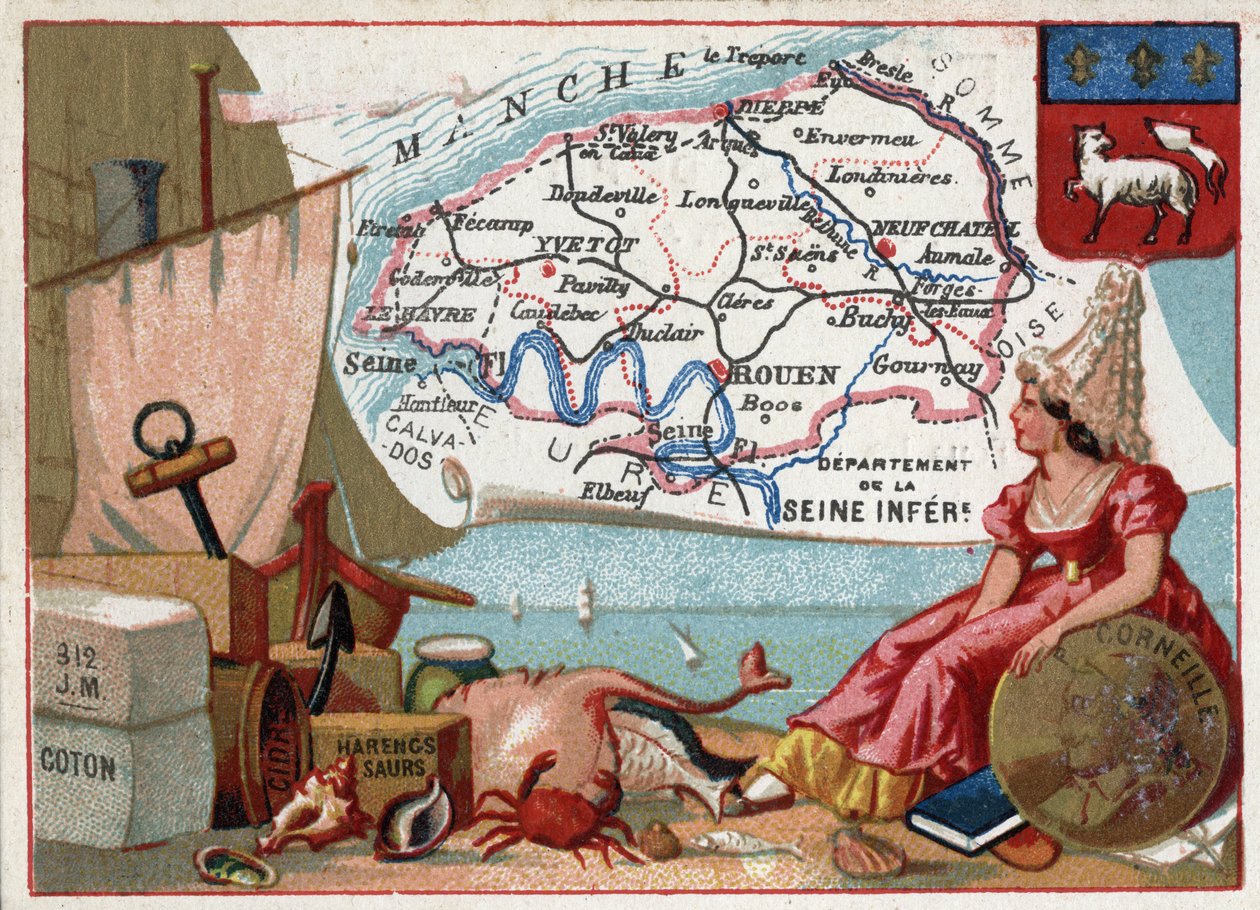 La Seine Inferieure, now Seine Maritime (76), Haute Normandy (Haute-Normandie), France. Local specialities: cotton, cider, saur herring. Portrait of Pierre Corneille (1606-1684), French playwright. Series on the French Departments. Chromolithography (Chrom av French School