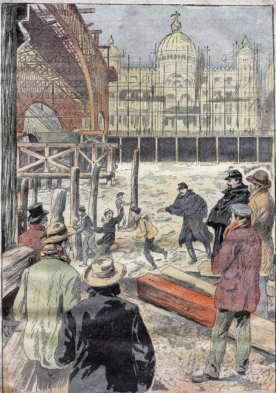La Seine gelee, nær jernbroen bygget for den universelle utstillingen, ved siden av Pont des Invalides, vinteren 1899. Gravering i "" Le Pelerin"" 31/12/1899. av French School