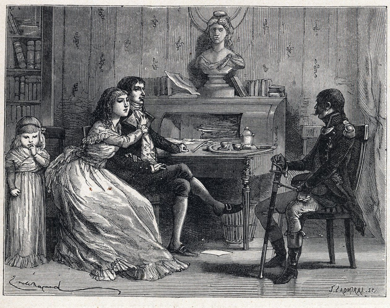 La Terreur during the French Revolution: Camille Desmoulins (1760-1794), imprisoned, received the visit of his wife Lucile (1770-1794) and the marechal Guillaume Brune (1763-1815) av French School
