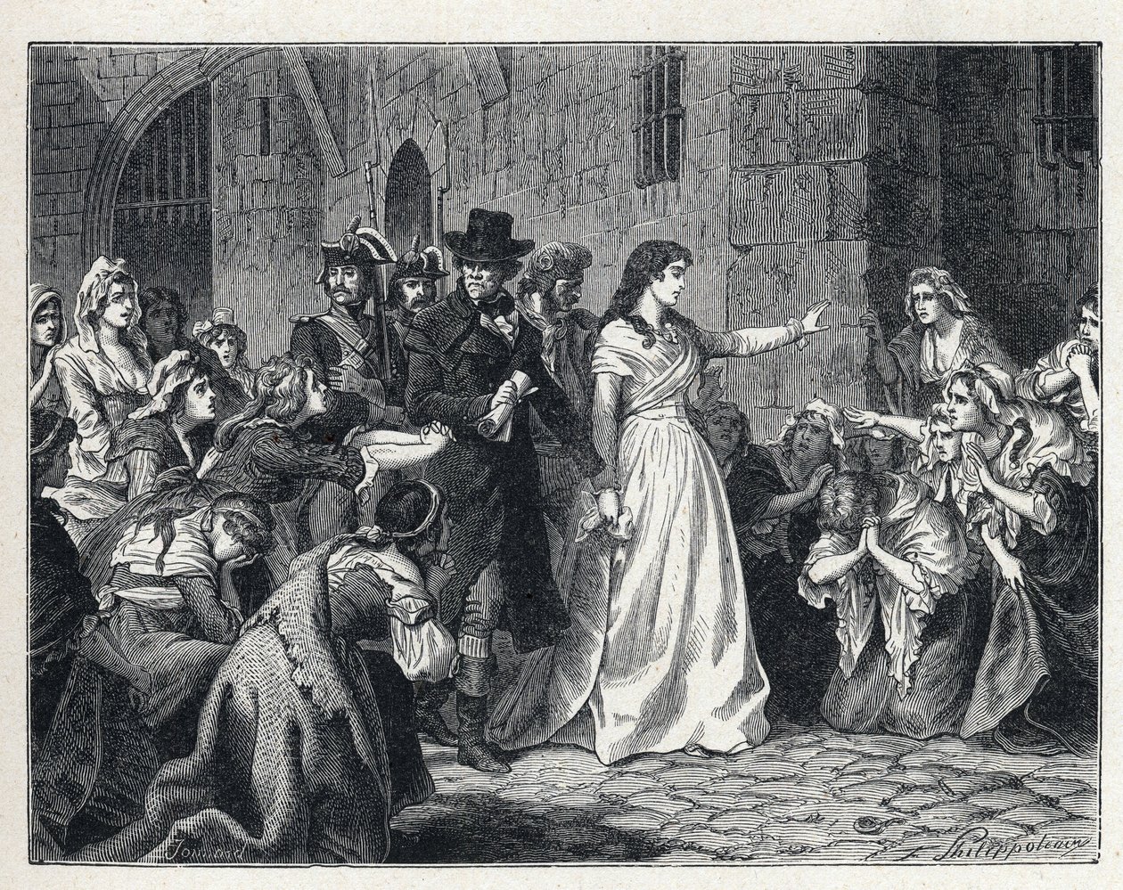 La Terreur under den franske revolusjonen: Madame Jeanne Marie Roland de la Platiere (1754-1793) forlot Concierge-fengselet for å gå for den revolusjonære domstolen i 1793. Kodene hans kneler i hans vei. av French School