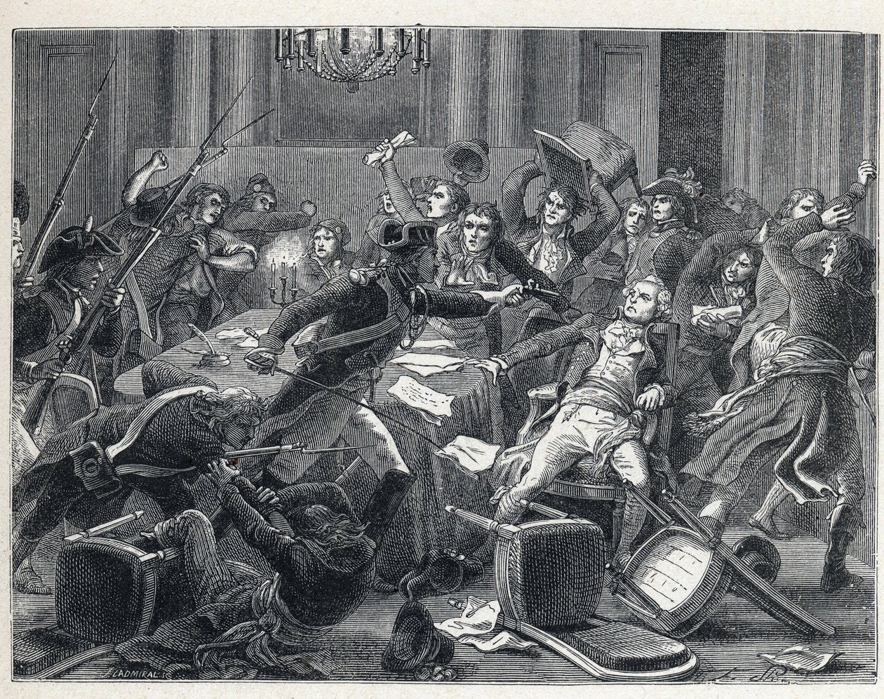 La Terreur during the French Revolution: arrest of Maximilian de Robespierre (1758-1794) and his supporters reunited at the Hotel de Ville de Paris on 9 Thermidor year II (27 July 1794). In the centre, a gendarme fired a pistol at Robespierre (1758-1794).  av French School