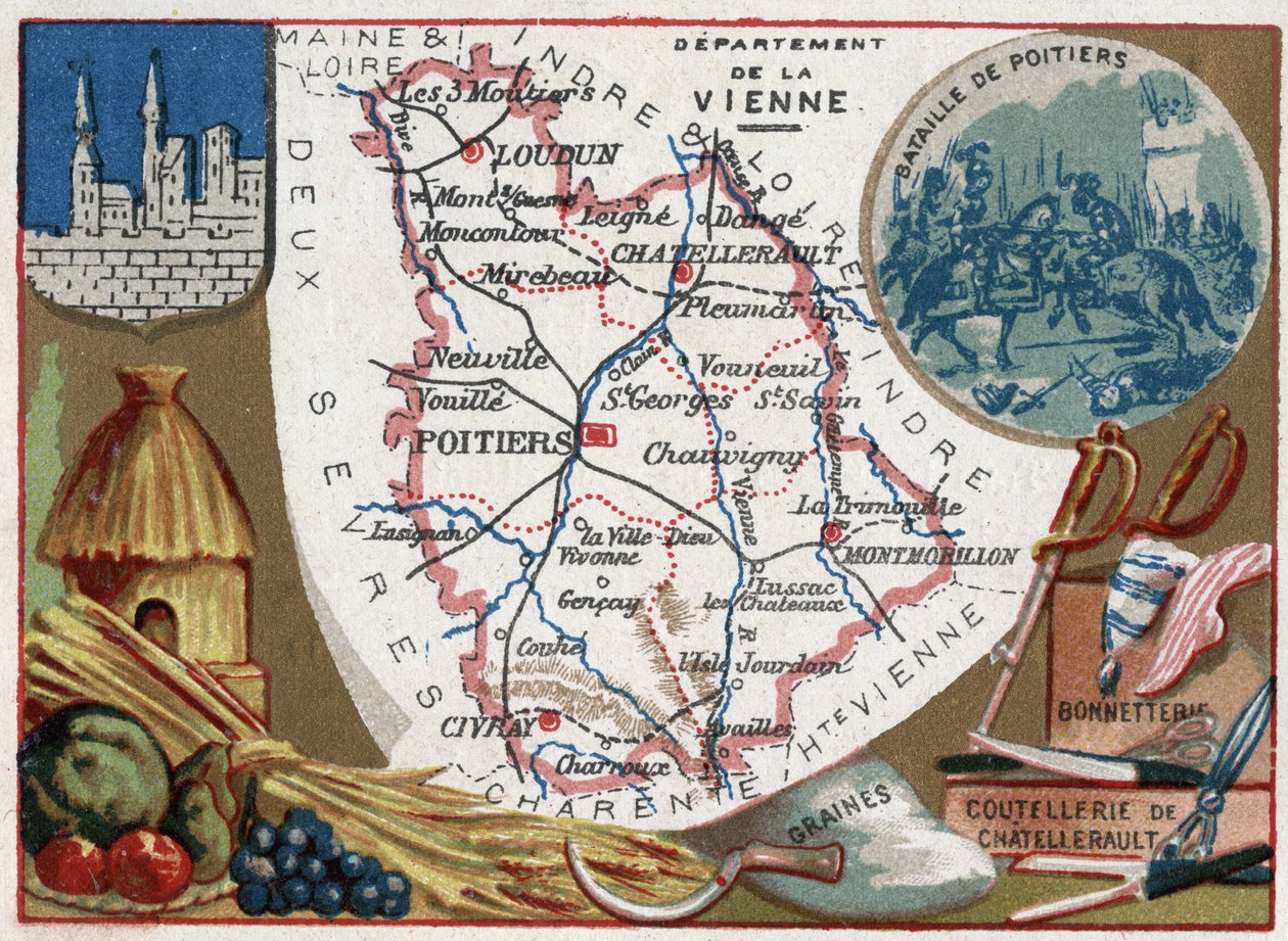 La Vienne (86), Poitou-Charentes (Poitou Charentes), Frankrike. Frø, Chatellerault bestikk og strømper. Serie om de franske avdelingene. Chromolithography (Chromo) "" den geografiske tråden"", ca 1920. Privat samling. av French School
