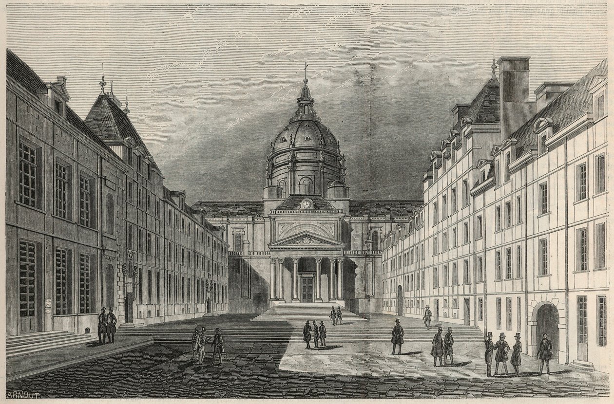 Gårdsplassen til Sorbonne i Paris på 1800-tallet - Gravering i "Tableau-de-Paris" av Edmond Texier 1852 av French School