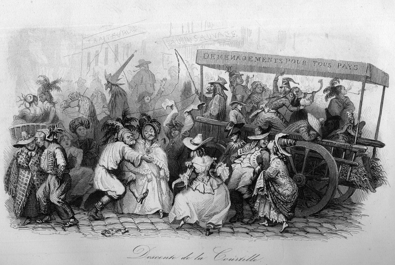 Nedstigningen av courtille («Le carnival»» sang av Marc-Antoine Madeleine Desaugiers) i «» - CHANS og CHANS POPULES DE LA FRANCE - 1843 - H.- L. DELLOYE, forlegger, LIBRAIRIE DE GARNIER. av French School