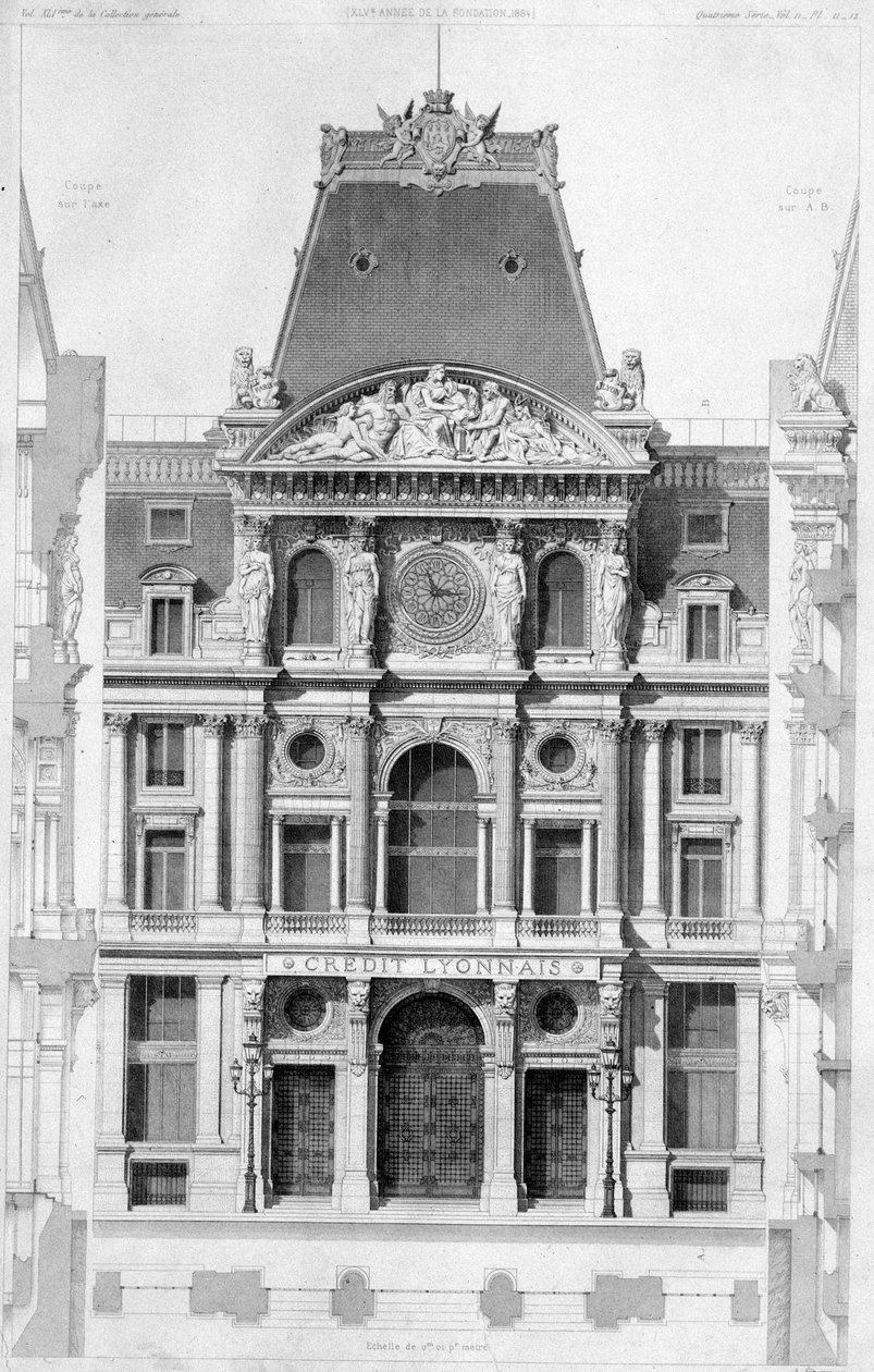 Fasaden til Crédit Lyonnais, bd des Italians - gravering, 1900-tallet av French School