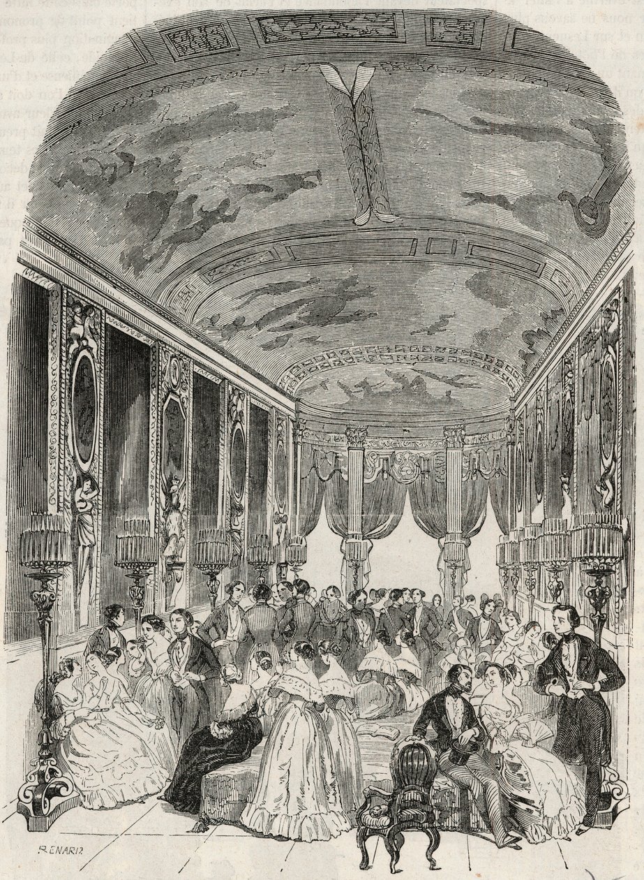 La galerie dit de Lebrun, som fungerer som et chatterom under ballet - Hotel Lambert sur l'Ile Saint Louis, 2 rue Saint Louis en l'Ile, Paris 4. arrondissement - Gravering i "Tableau-de-Paris" av Edmond Texier 1852 av French School