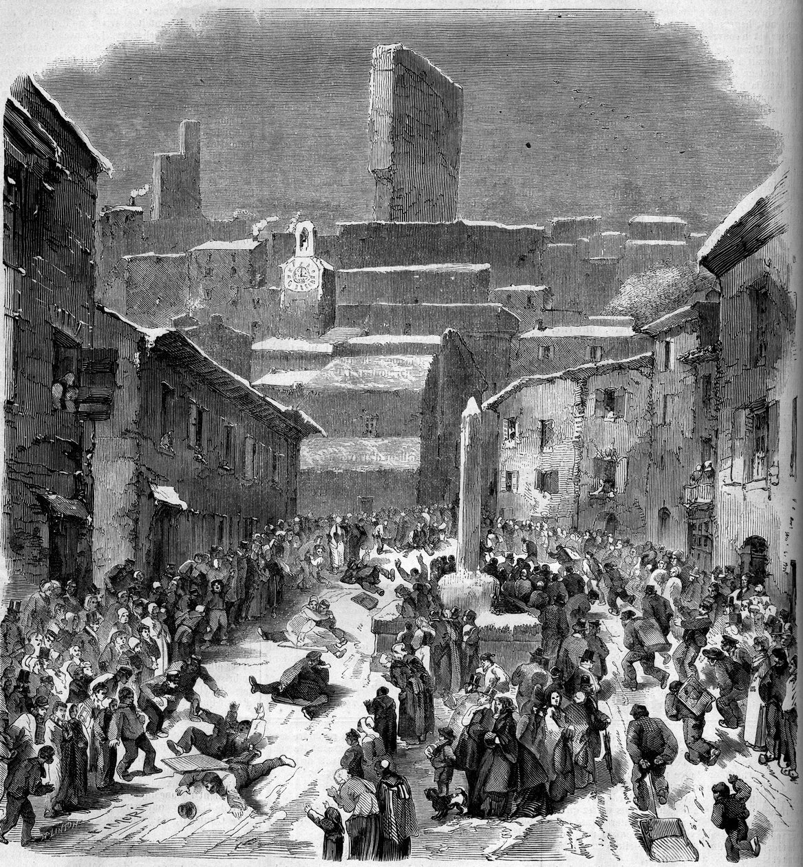 Raset i barrioter (slede) i Bourdeaux, Drome (26), vinteren 1860. Gravering i “” Le Monde Illustré”” n°149 av 18. februar 1860. av French School