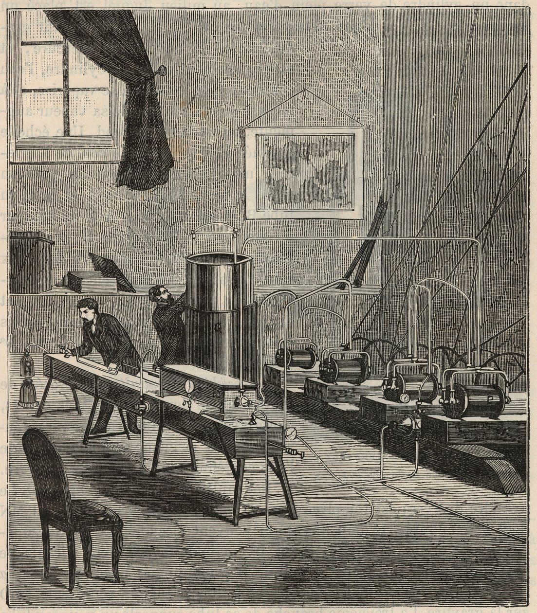 La liquefaction des gaz dans le laboratoire de Raoul Pictet (1878) - Raoul Pierre Pictet (1846-1929) Sveitsisk fysiker, utfører et eksperiment for å gjøre hydrogengass flytende og størkne, og studerte egenskapene til stoffer ved lave temperaturer - Graveri av French School