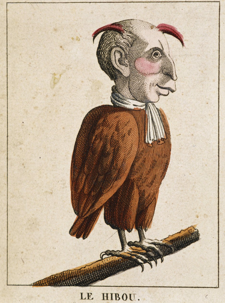 La ugle i karikatur, studie av karakter "" volatile caracterise"" sd. 19. populære bilder. av French School