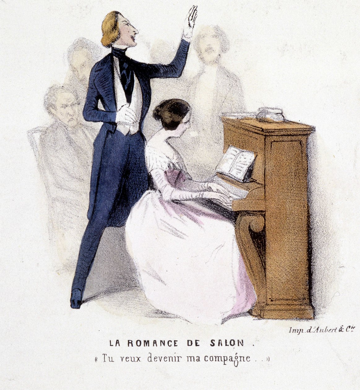 The Salon Romance: Man Singing Accompaniment at the Piano by a Woman, av Lonsay, ca. 1845. av French School