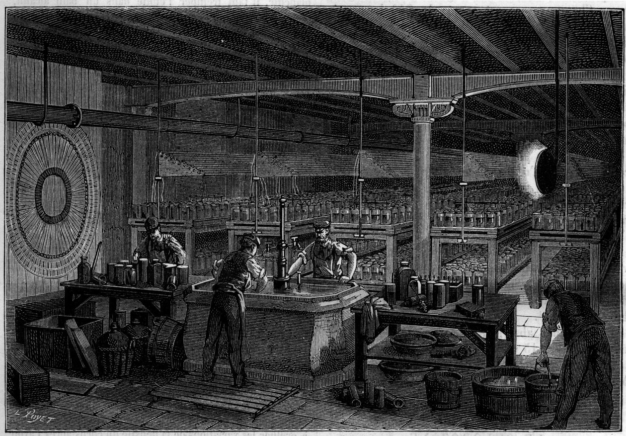Batterirommet (overflate 400 kvadratmeter) til sentralkontoret for telegrafer i Paris. i naturen. Gjennomgang av vitenskap og dens anvendelser på kunst og industri. 1884. av French School