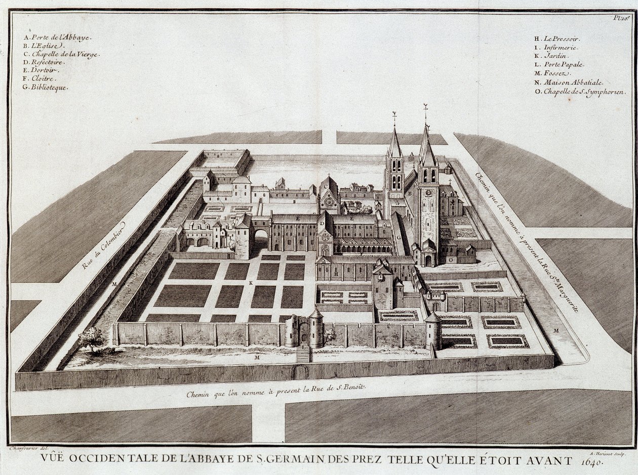Klosteret Saint Germain før 1640 - i "" History of the abbey of St Germain des Pres"" av Dom Jacques Bouillart, red. Dupuis, Paris av French School