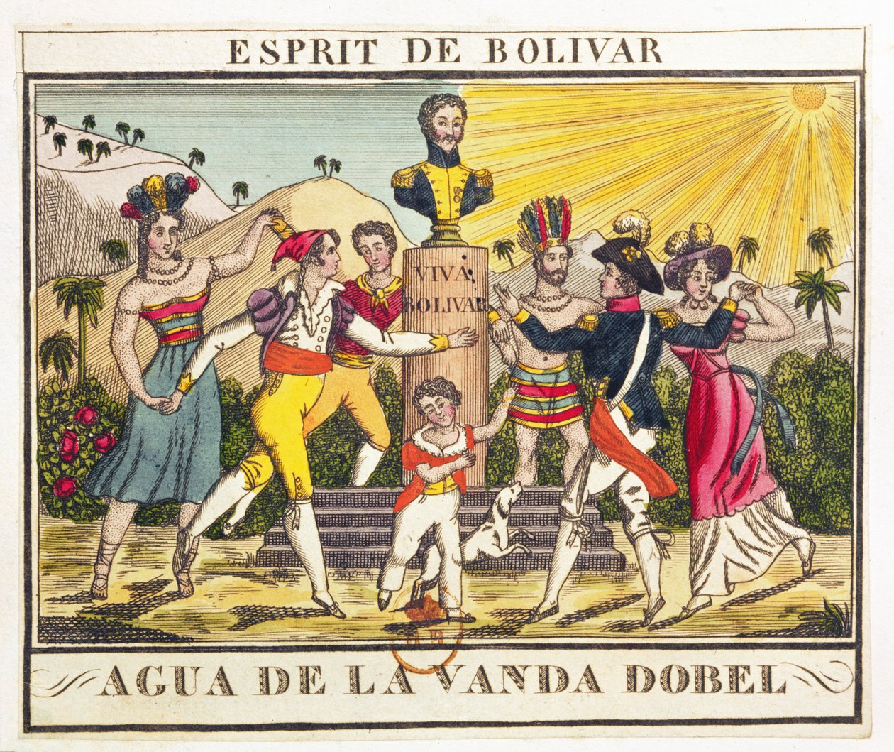 Etikett for lavendelvann som fremkaller ånden til Bolivar, ca. 1830 (fargegravering) av French School