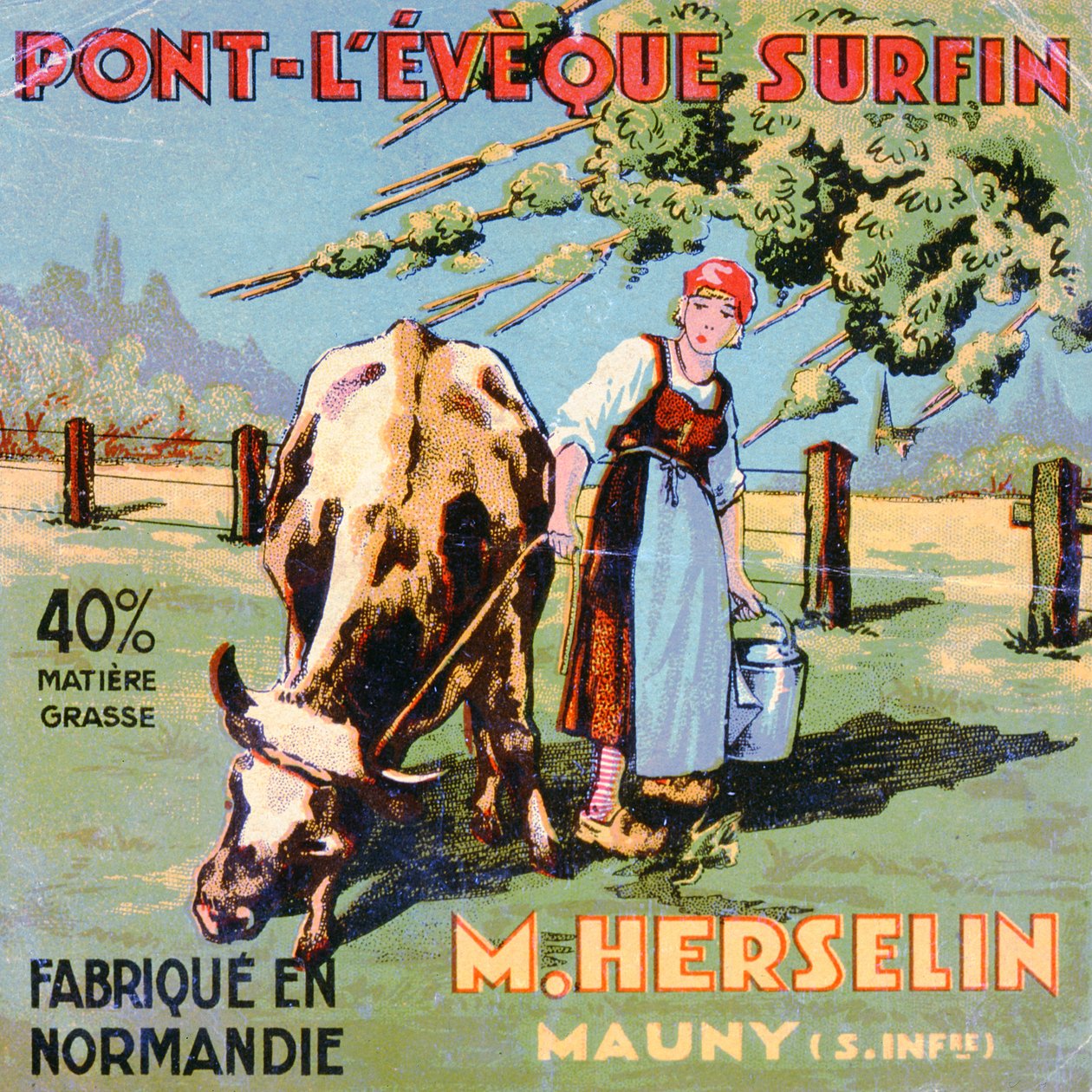 Etikett for Pont-LEveque-ost laget av ostemakeren M. Herselin, tidlig på 1900-tallet av French School