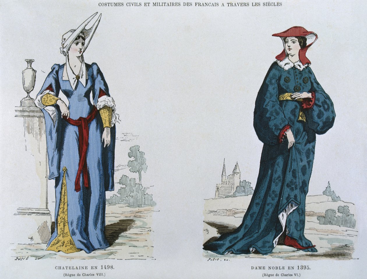 Dame i 1498 under styret til Charles VIII (1470-98), adelskvinne i 1395 under styret til Charles VI (1380-1422), fra franske sivile og militære kostymer gjennom århundrene (farge lith av French School