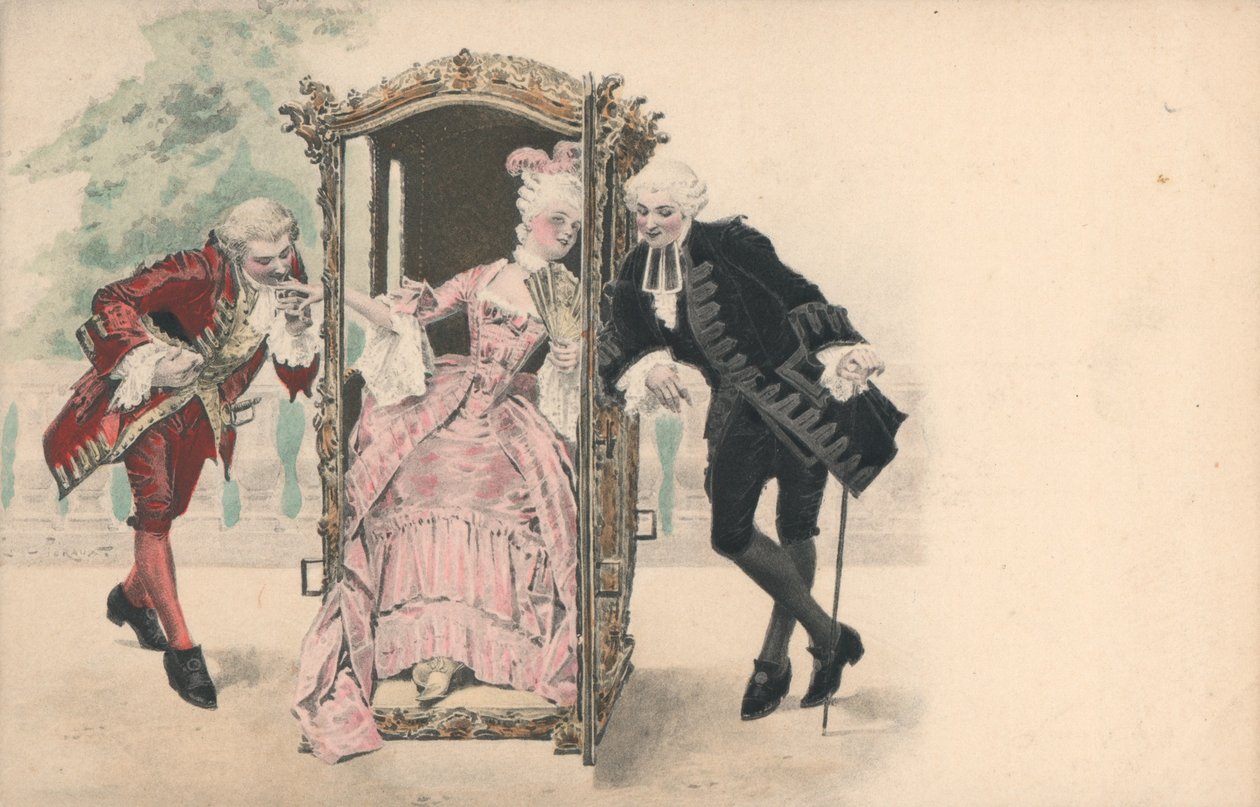 Dame i sedanstol, med mannlige beundrere (chromolitho) av French School