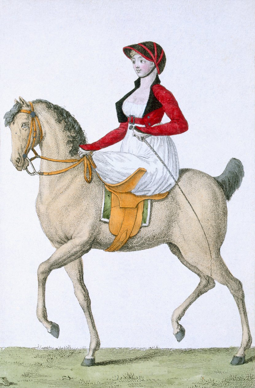 Lady riding sidesadel, fra Costumes Parisien, publisert i Journal des Dames et des Modes, 1798 av French School